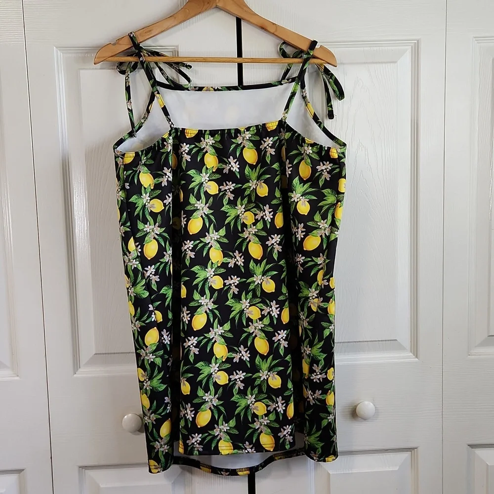 Missguided Black Lemon Print Mini Dress SZ 14 Tropical Tie Bows Vacation Fruit - Picture 3 of 8